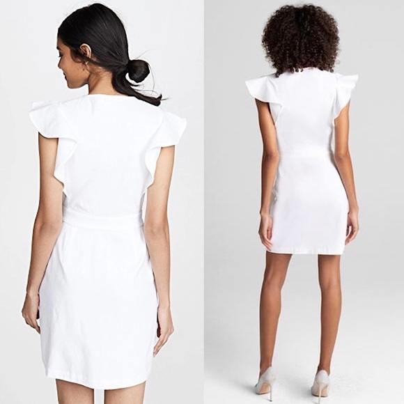 ALC Linen Blend Ruffled Flutter Short Sleeve Tie Waist V-Neck Mini Wrap Dress 10 - Picture 13 of 16